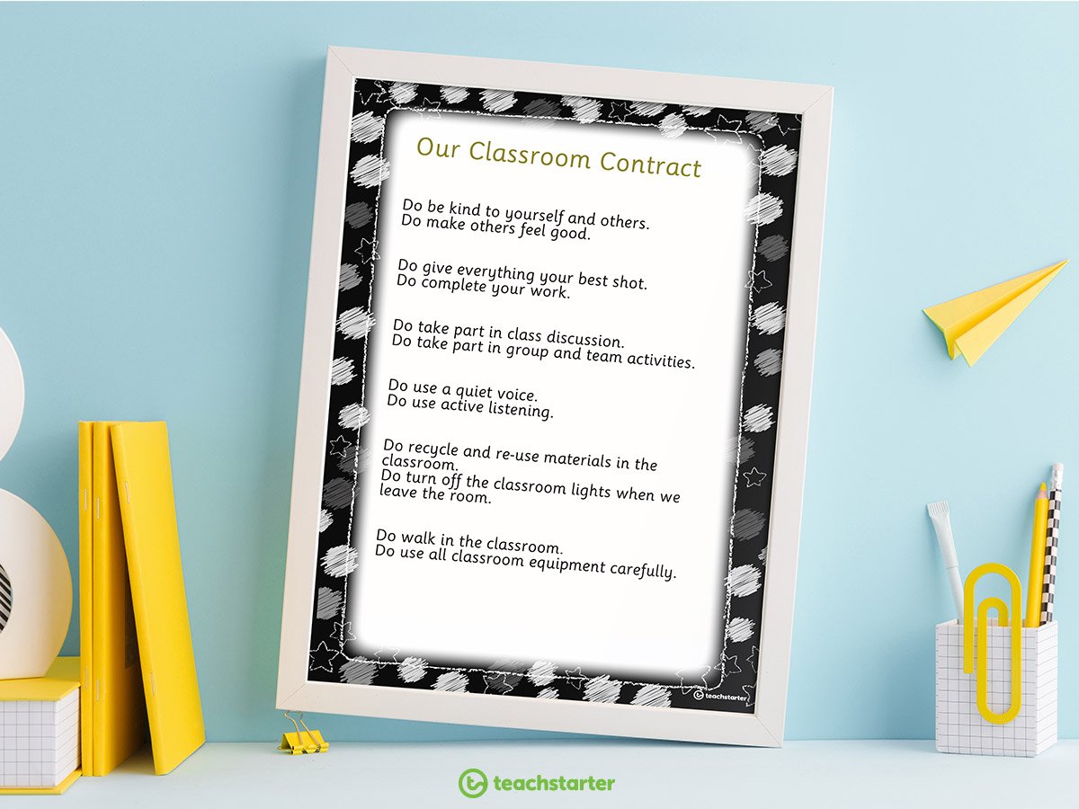 classroom social contract framed on teacher's desk
