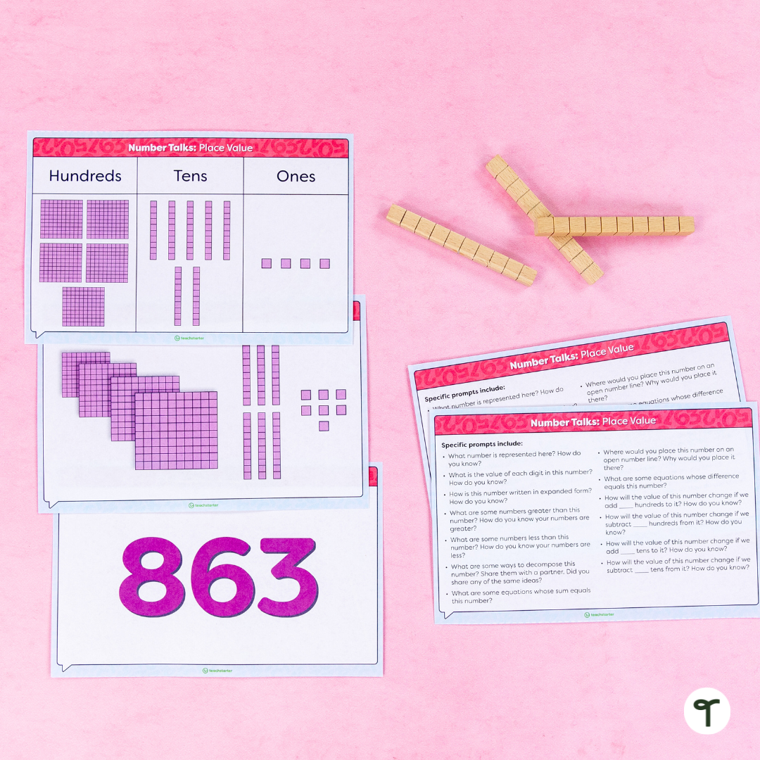 Number Talks Place Value Task Cards with pink background