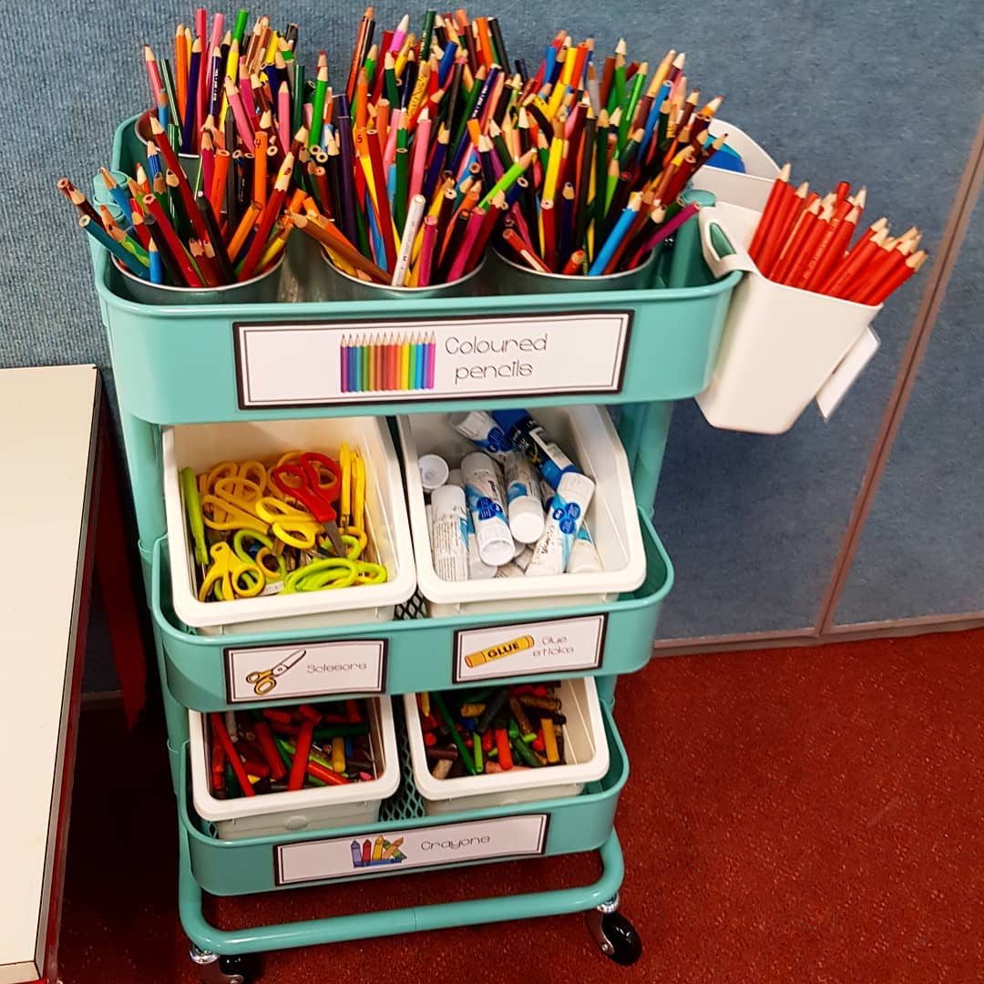 IKEA rolling cart filled with classroom supplies