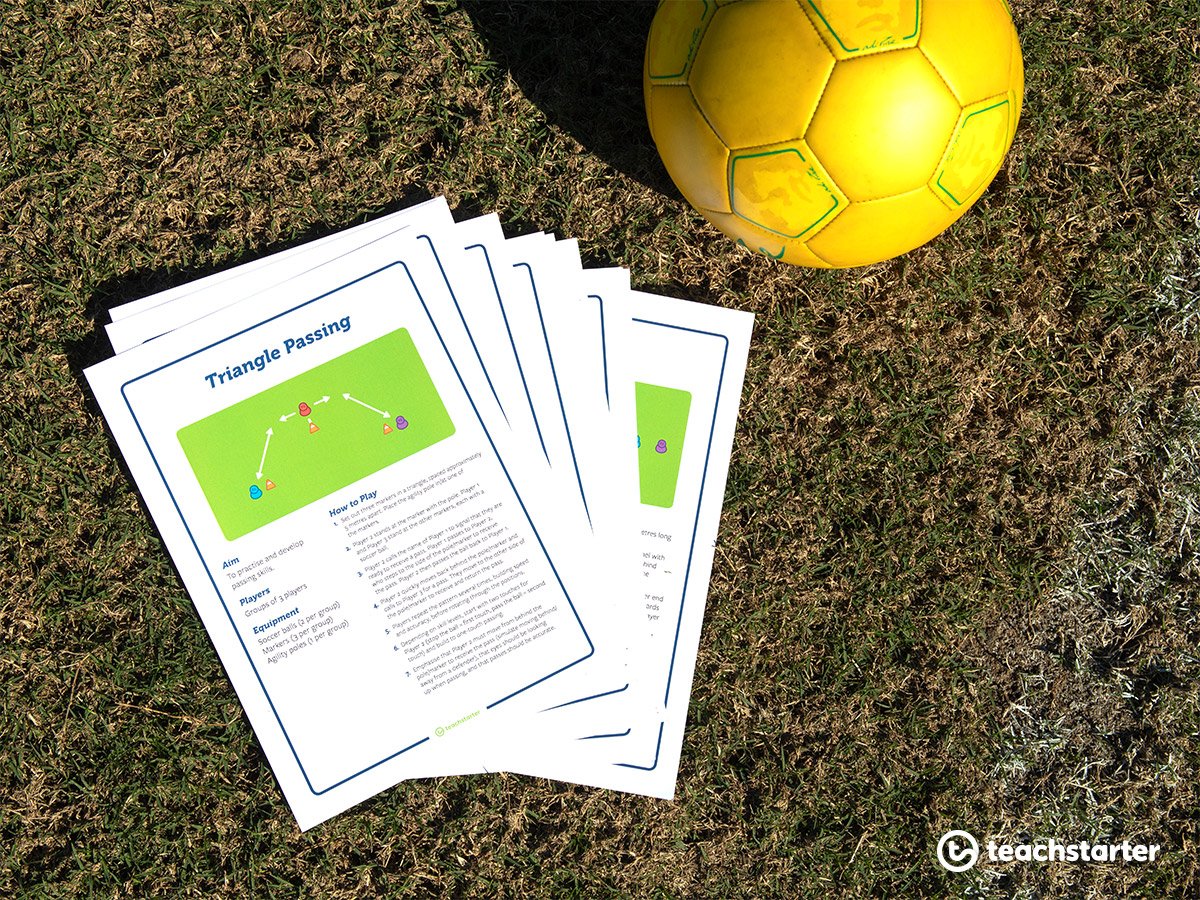 A soccer drill for groups of 3.