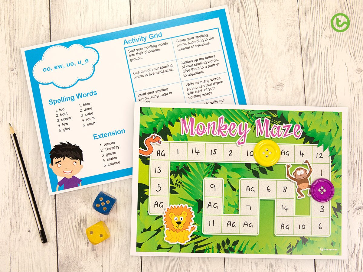 Create a board game by using our Weekly Spelling Words and Activity Grid!