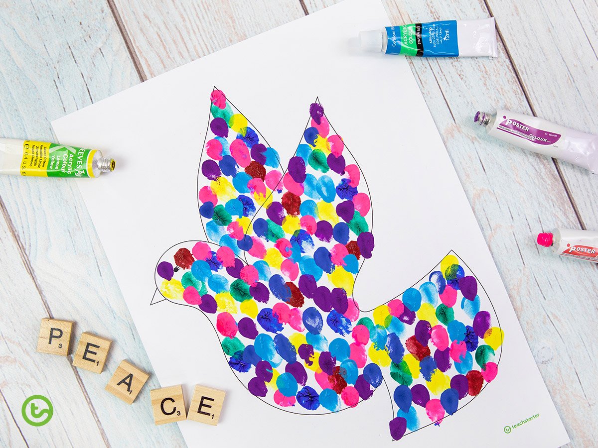 dove template with colorful dots on it used as a Peace day activities for kids