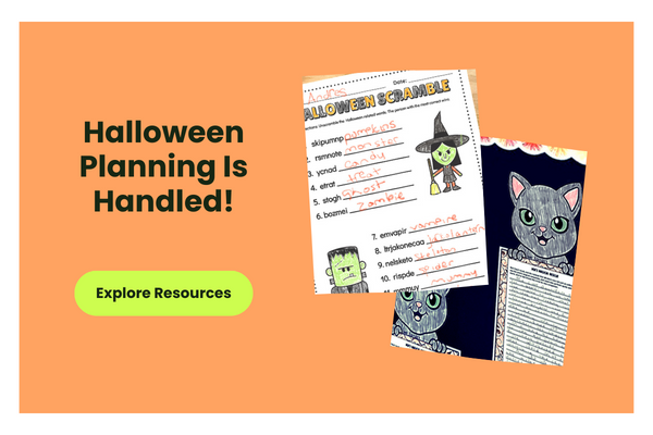 Halloween worksheets appear beside text that reads Halloween Planning Is Handled!
