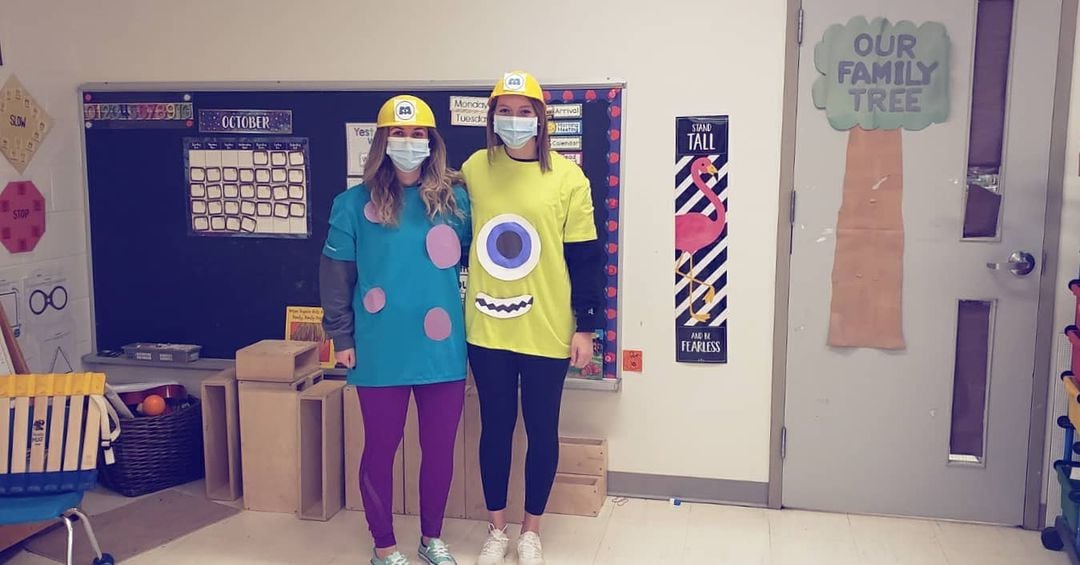 Mike and sully halloween costumes worn by teachers