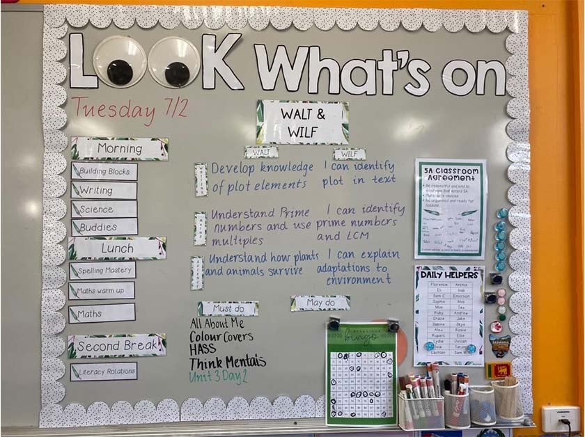 look what's on classroom display with walt and wilf label