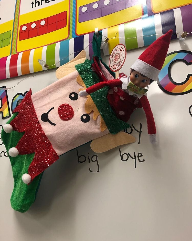 Elf on the Shelf in classroom stocking