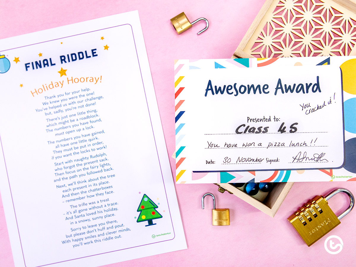 solve the final riddle and crack the code to find a class award!
