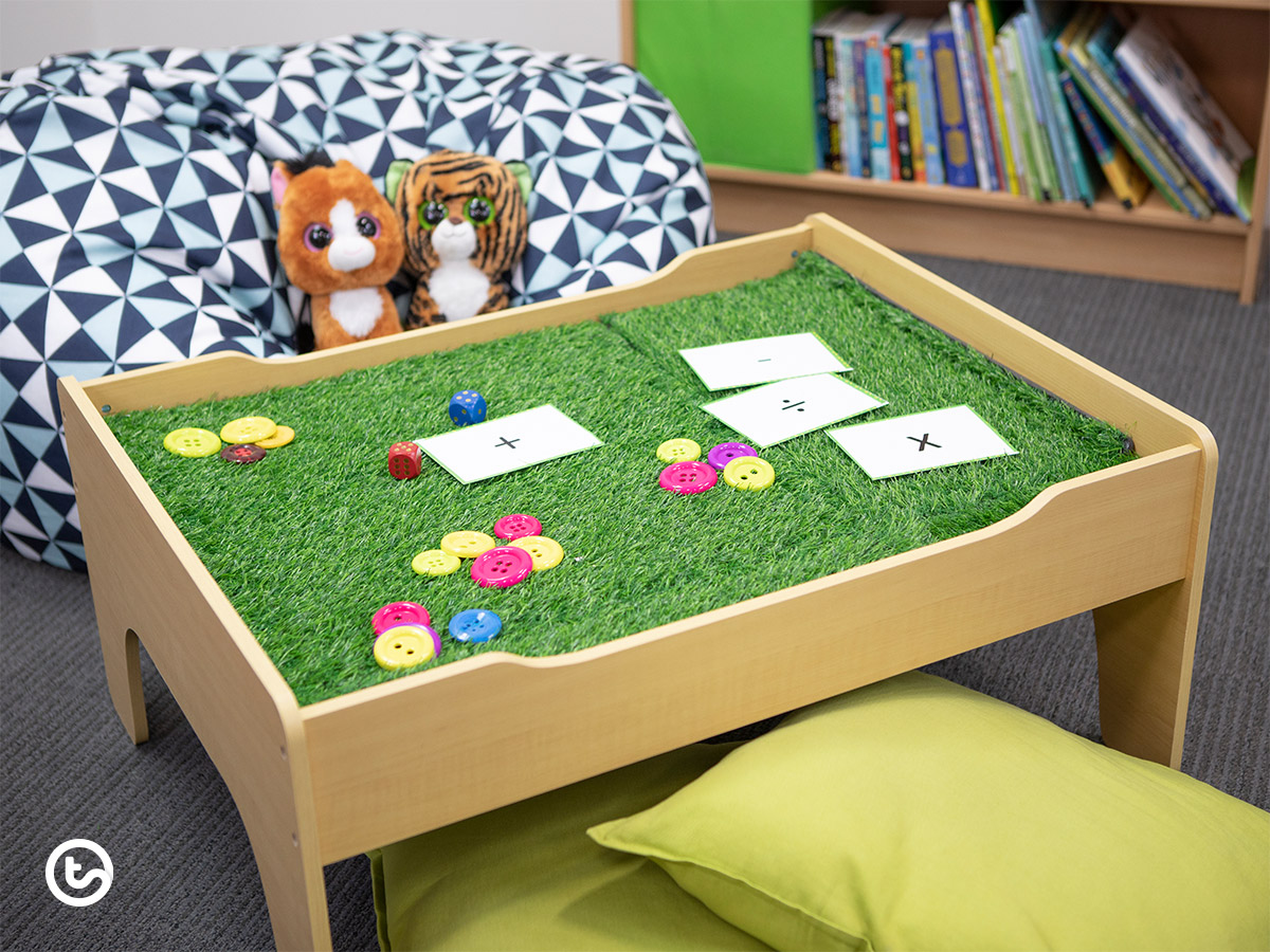 A wooden train table, perfect for your classroom!