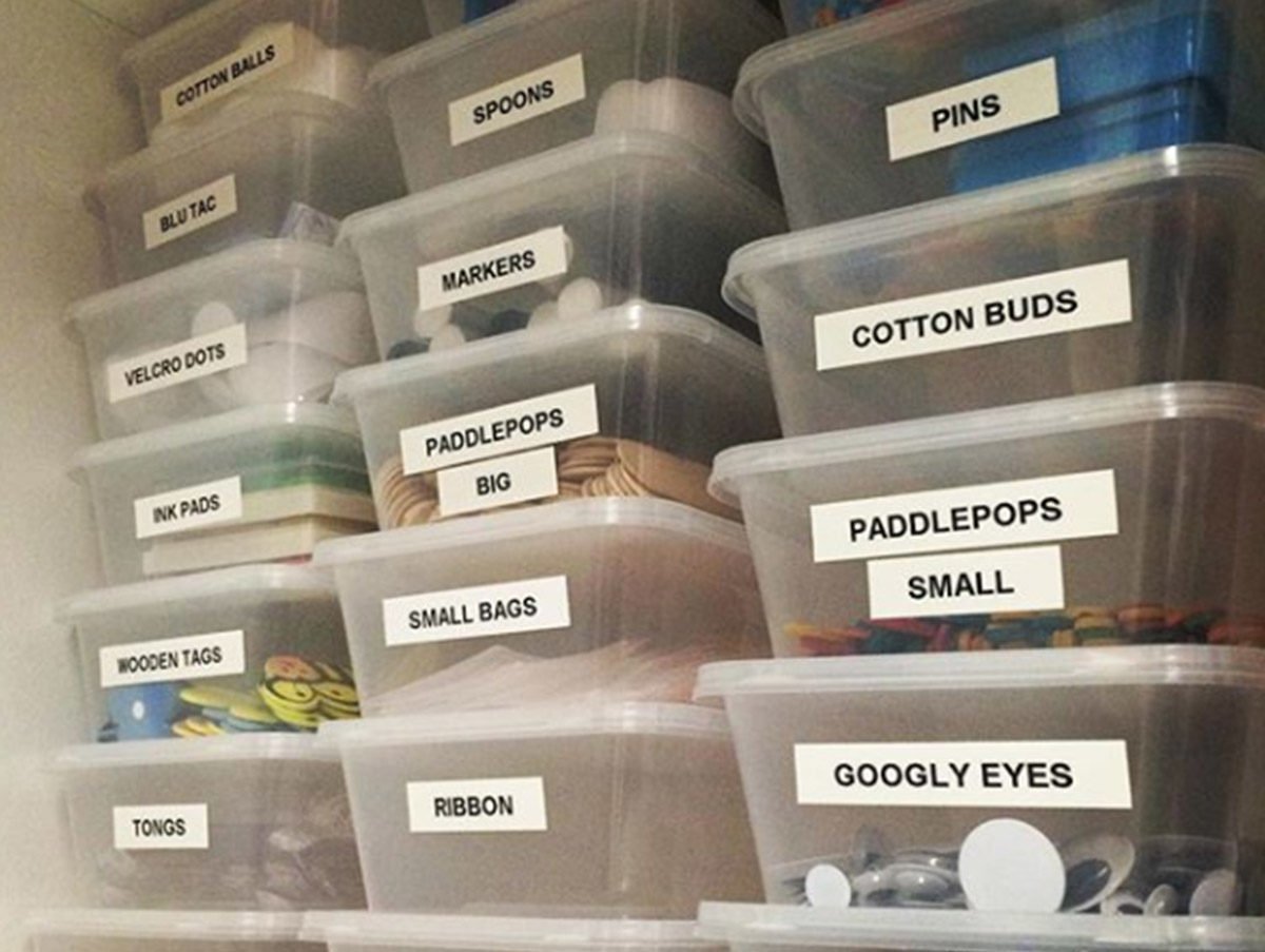 Storage solution for the classroom using plastic containers