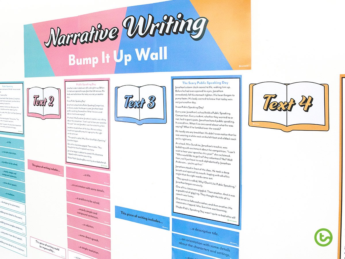 A narrative Bump It Up Wall (includes Narrative writing examples).