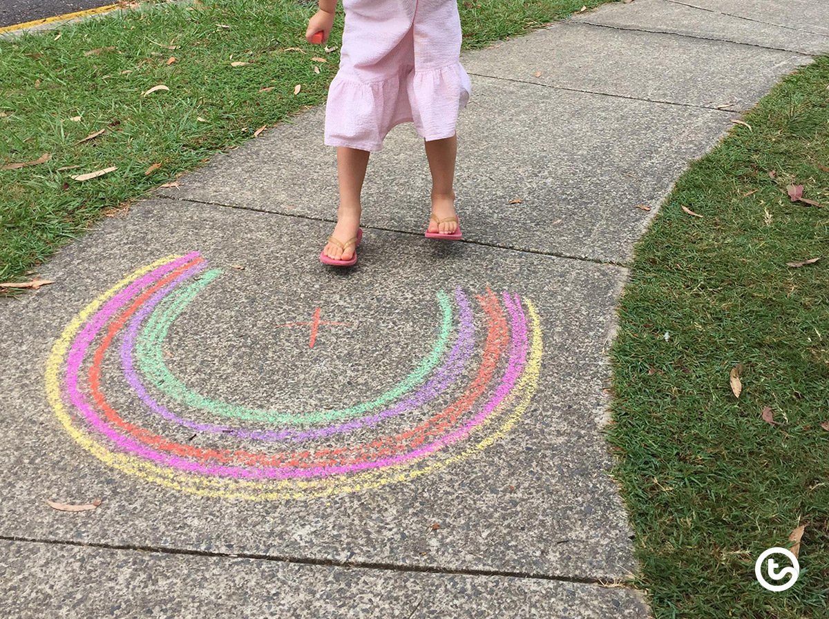 Random acts of kindness images on sidewalks using sidewalk chalk.