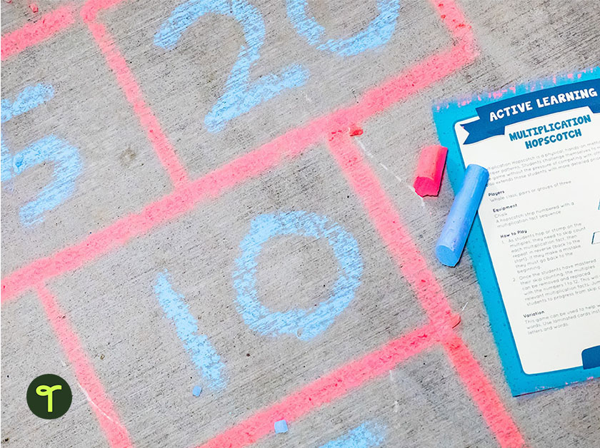 multiplication hopscotch game with sidewalk chalk