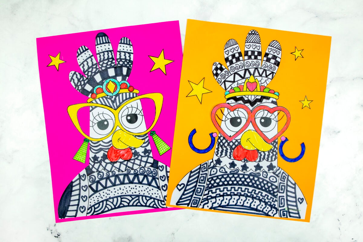 Funky Chicken Zentangle Craft Templates on pink and orange paper