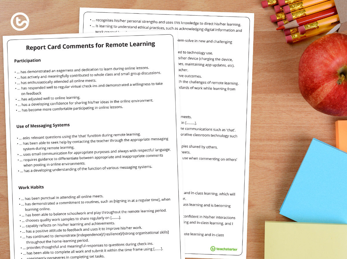 Report card comment bank for Remote Learning