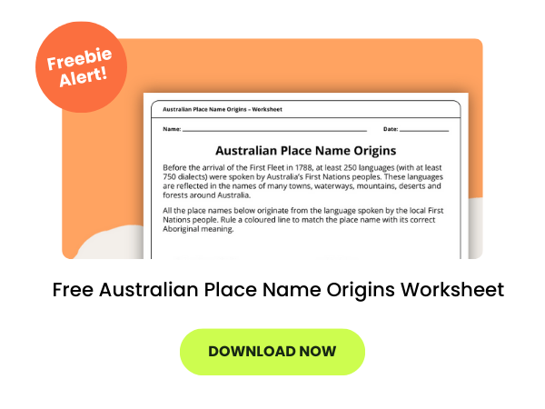 The words Free Australian Place Name Origins Worksheet appear beneath an image of the worksheet. There is a green download button.