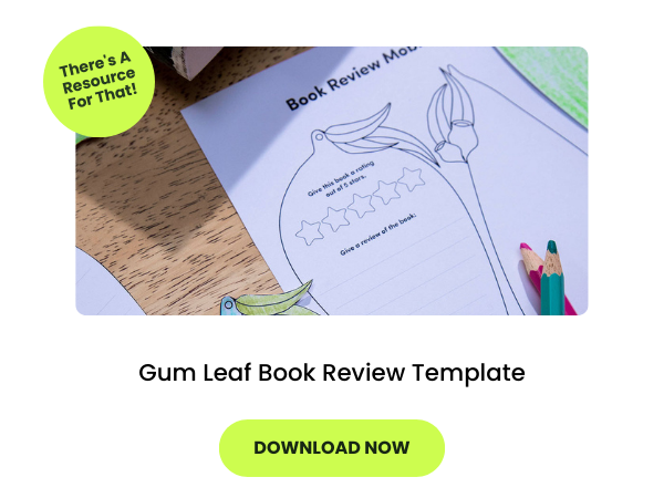 the words Gum Leaf Book Review Template appear beneath a photo of a student's template