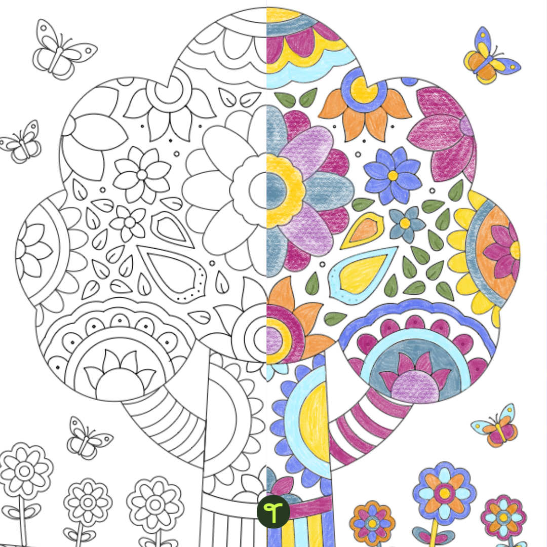 Mindful Coloring Tree Coloring page half colored half blank.