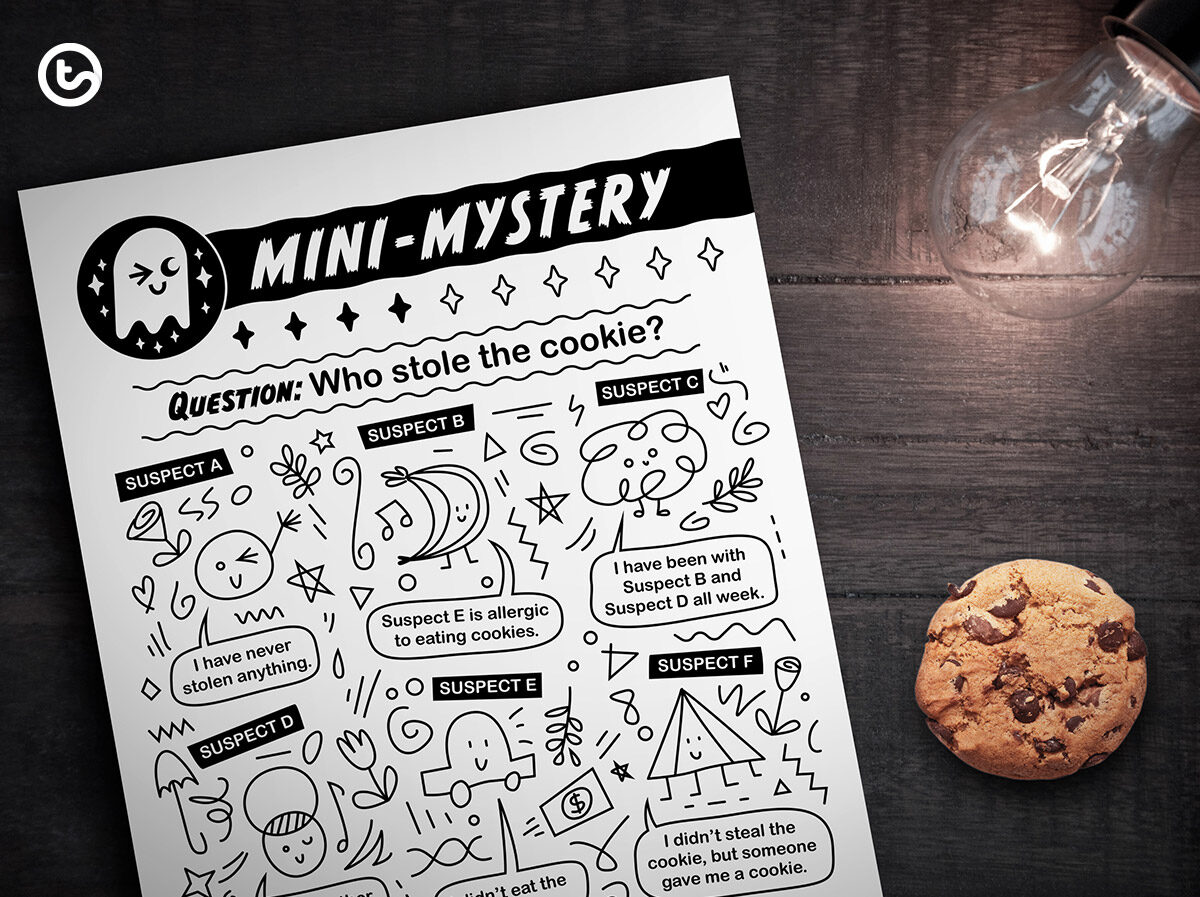 mini mystery worksheet is laid flat on a table with a cookie off to the side and a light bulb in the upper right
