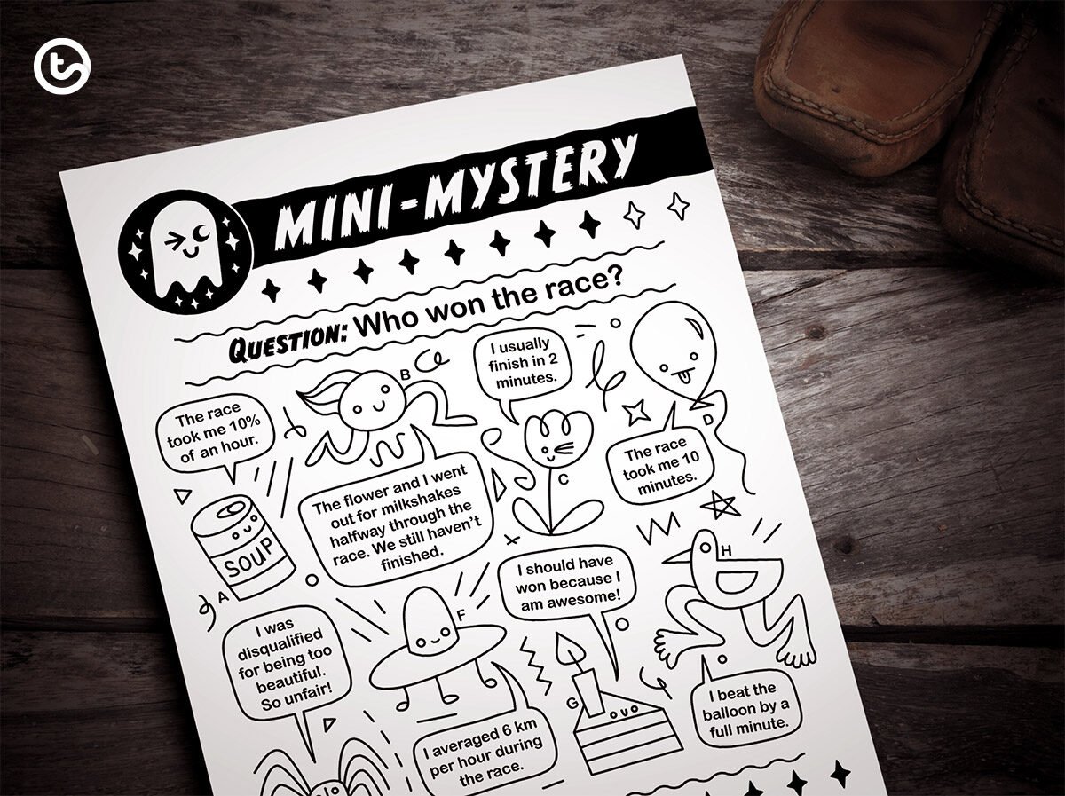 mini mystery logic worksheet is laid out on a table