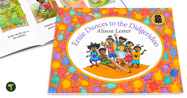 children's book ernie dances to the didgeridoo by alison lester sits on a white table in a classroom
