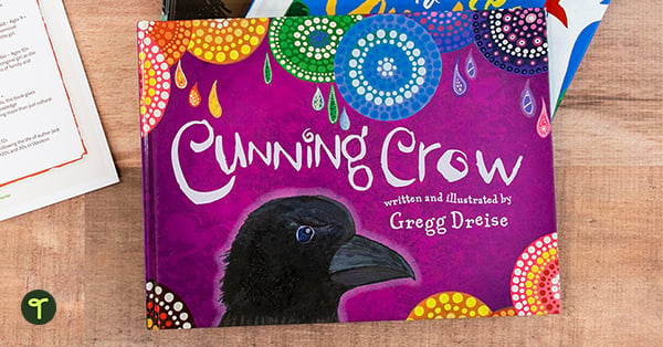 the aboriginal children's book cunning crow sits on a teacher's desk