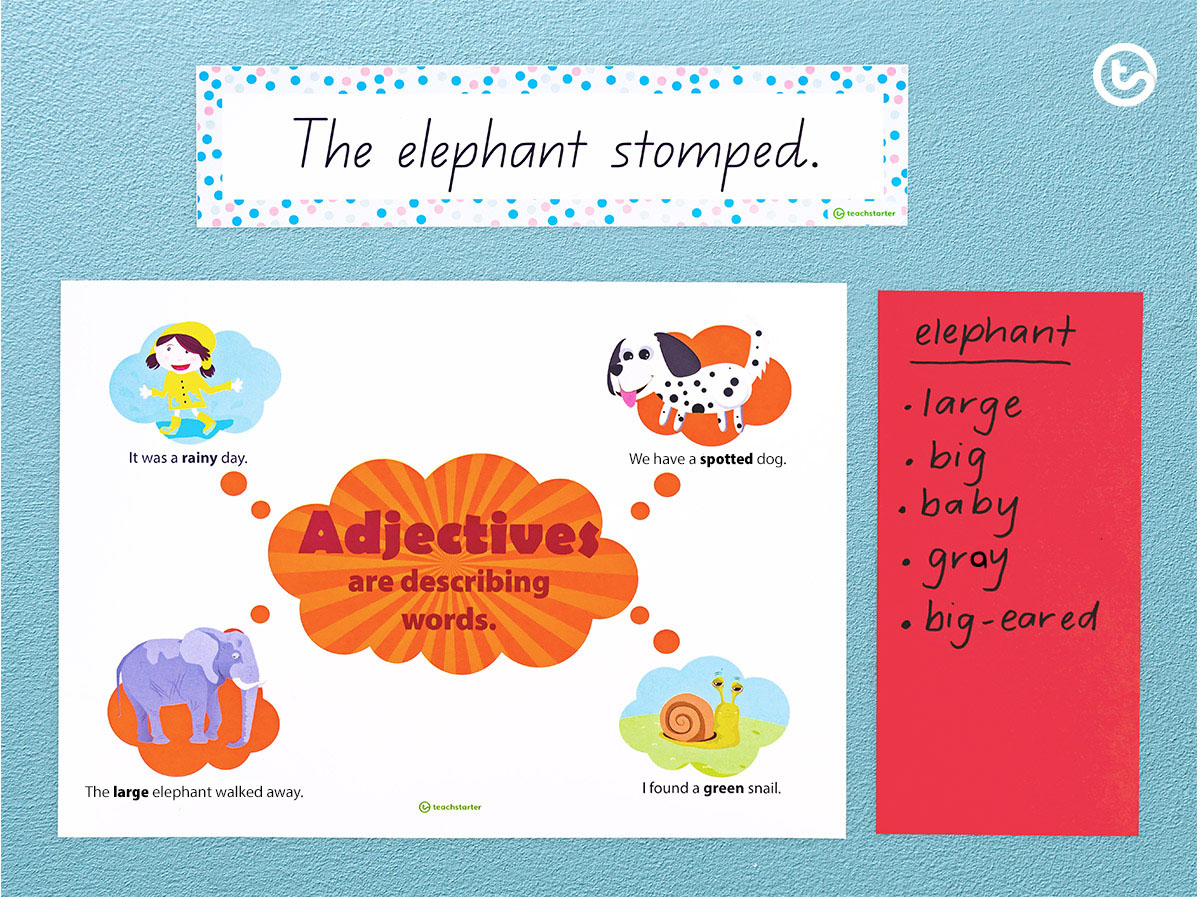 a color coded school display describing an elephant and explaining adjectives to students