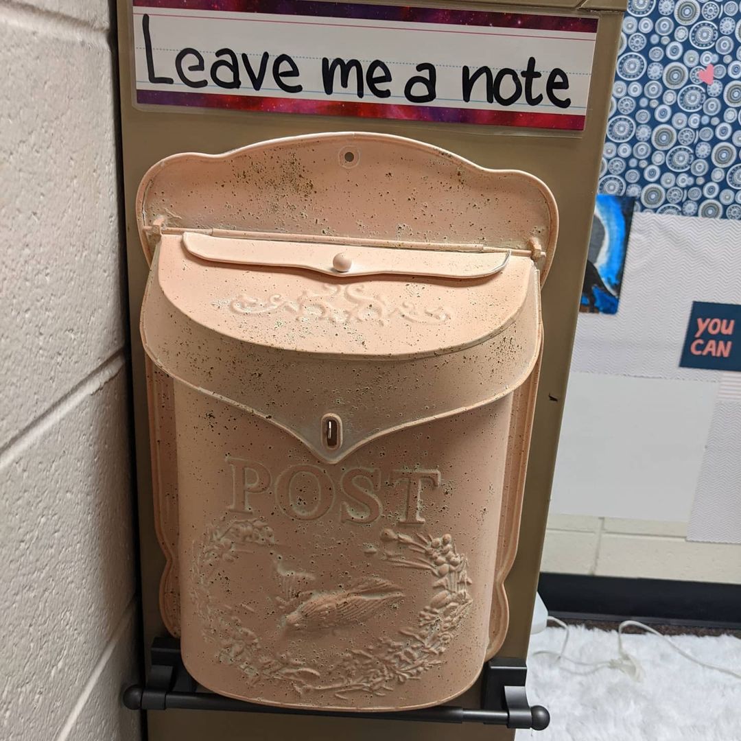 old-fashioned mailbox in a classroom with sign that says leave me a note
