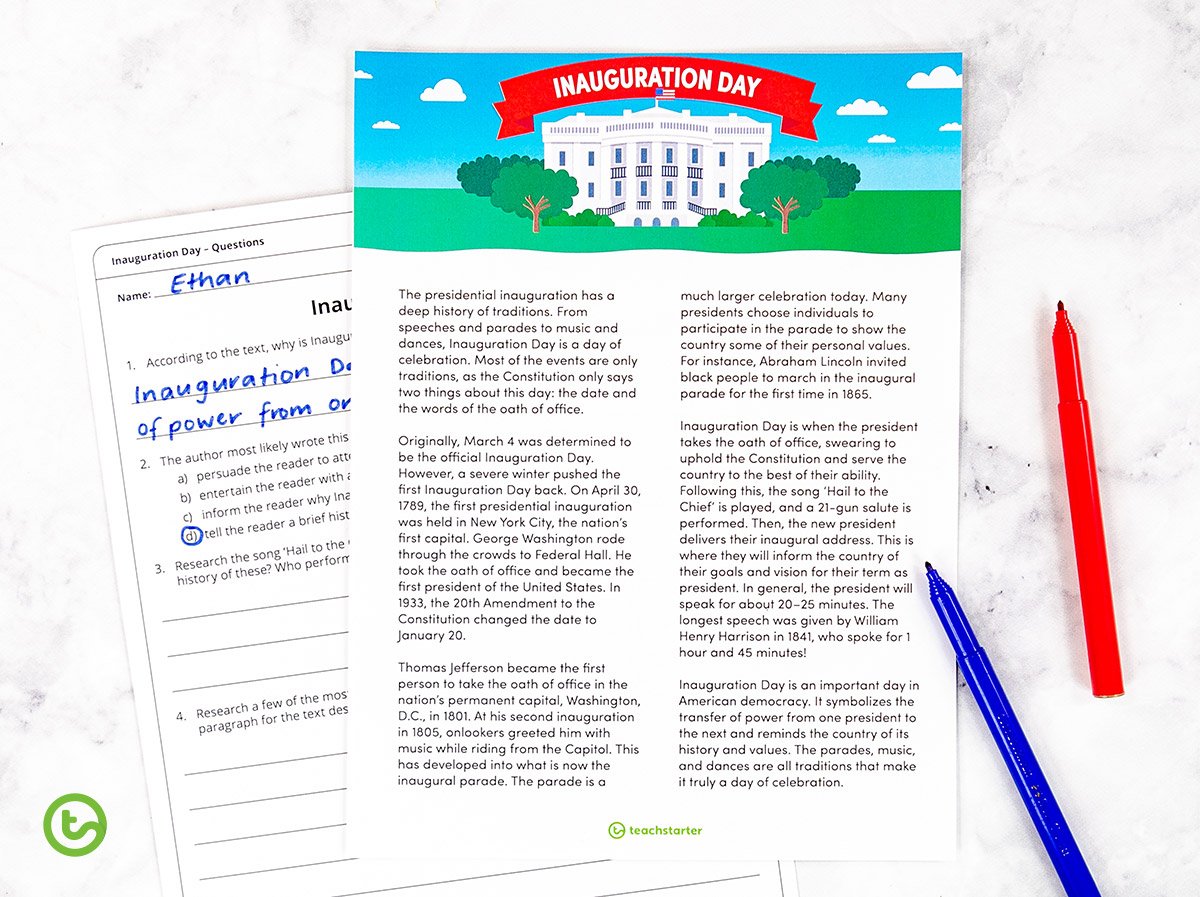 Inauguration Day Comprehension Task for Kids