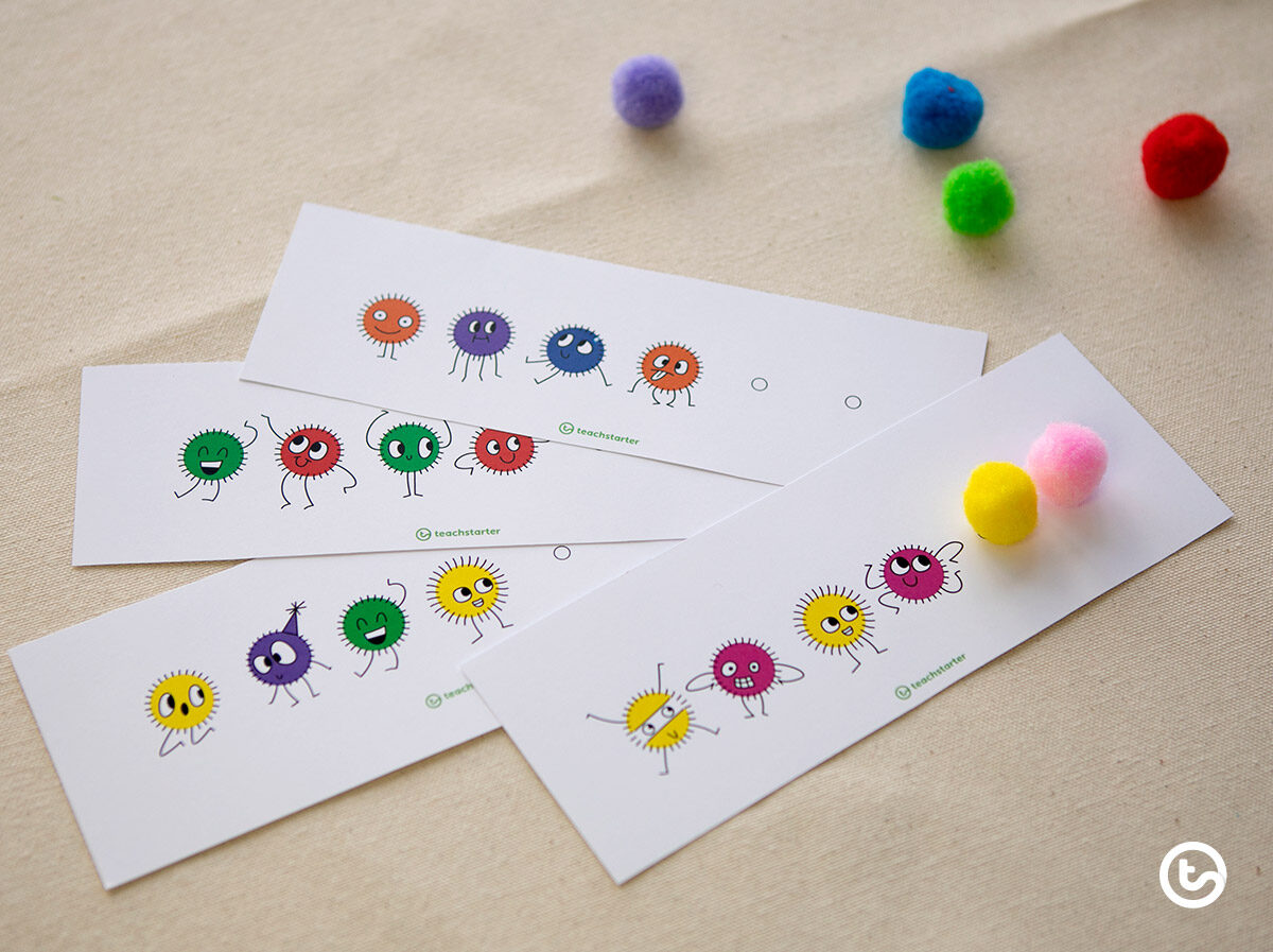 Repeating pattern activity cards using pom-poms