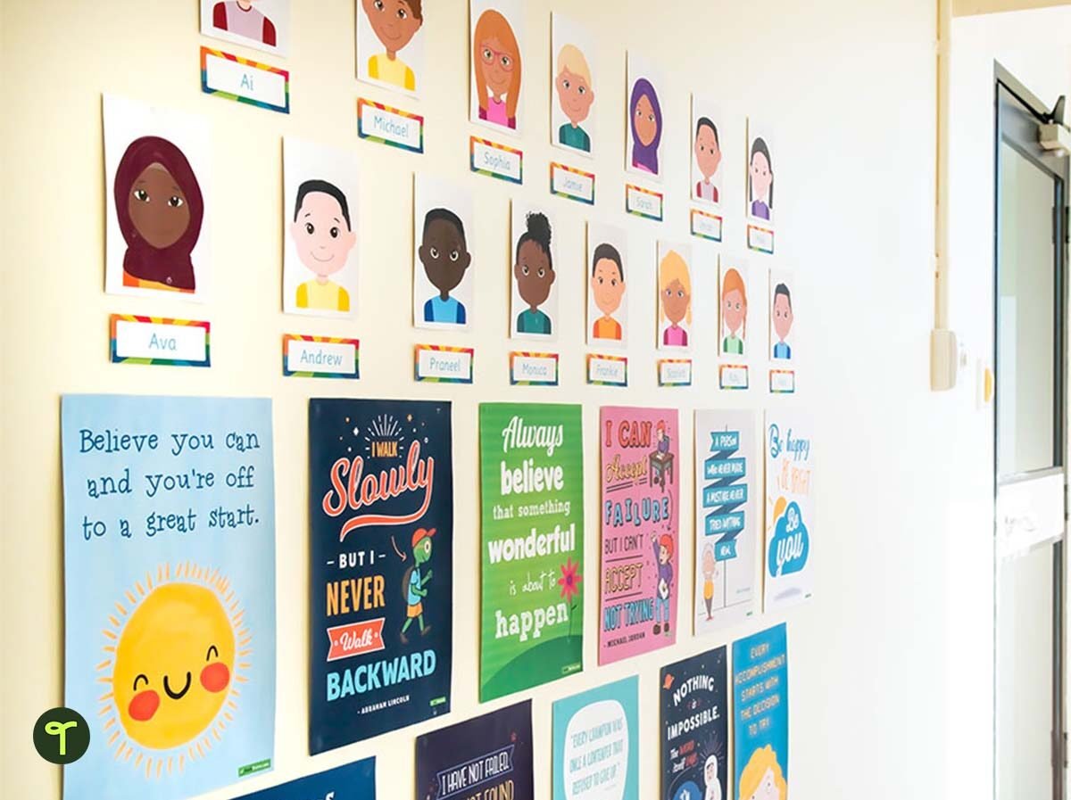 classroom wall covered in positive sayings on posters 