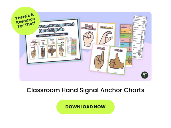 The words Classroom Hand Signal Anchor Charts appear with images of the charts above them. The words download now appear in a lime green button below
