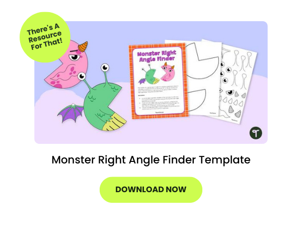 A Monster Right Angle Finder Template is seen on a purple and beige background. A green bubble has text on it that reads download now