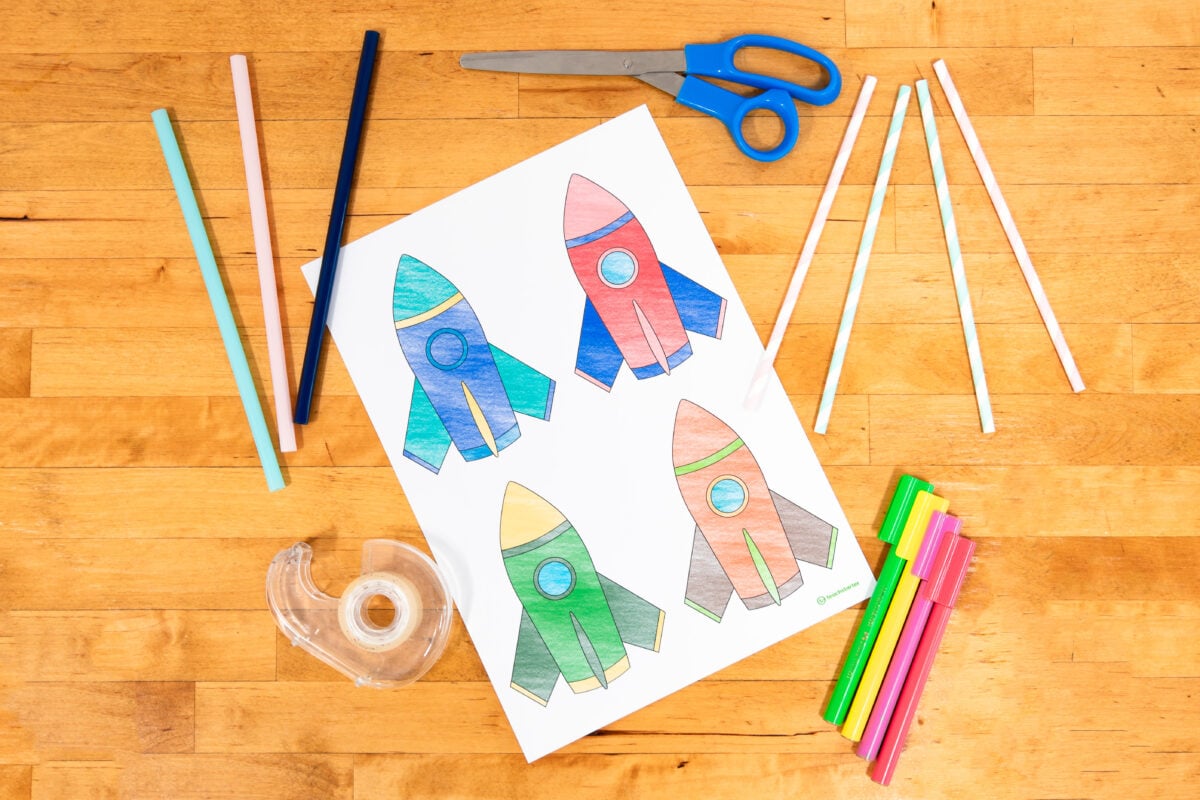 spaceship activity worksheet tape, scissors, and colored pencils
