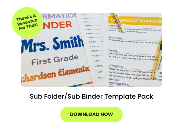 The words Sub Folder/Sub Binder Template Pack appear beneath a photo of a teacher's sub folder