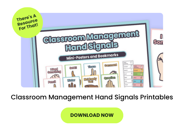 The words Classroom Management Hand Signals Printables appear beneath an image of the hand signals poster. There is a green download now button