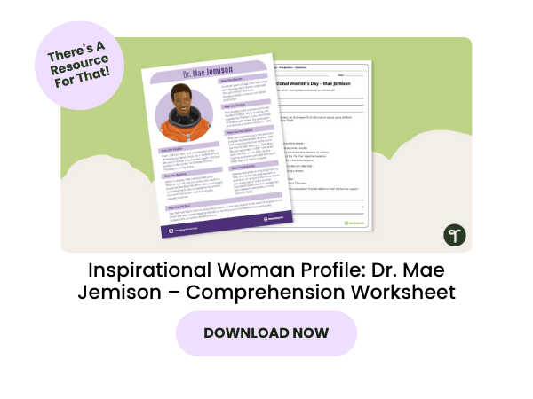 Dr. Mae Jemison – Comprehension Worksheet with pink 