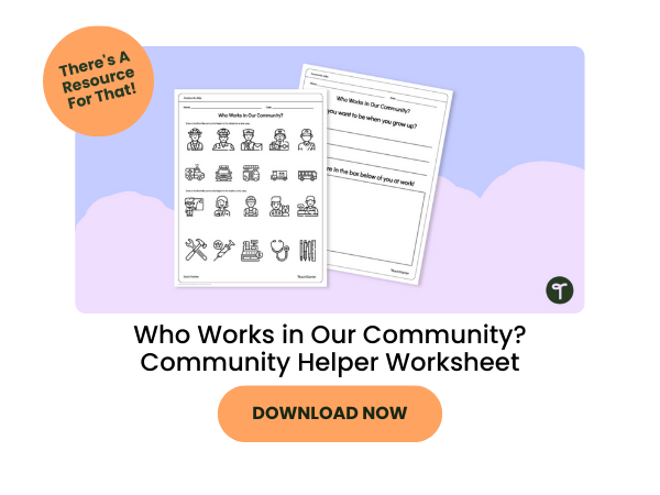 Who Works in Our Community? Community Helper Worksheet with orange 