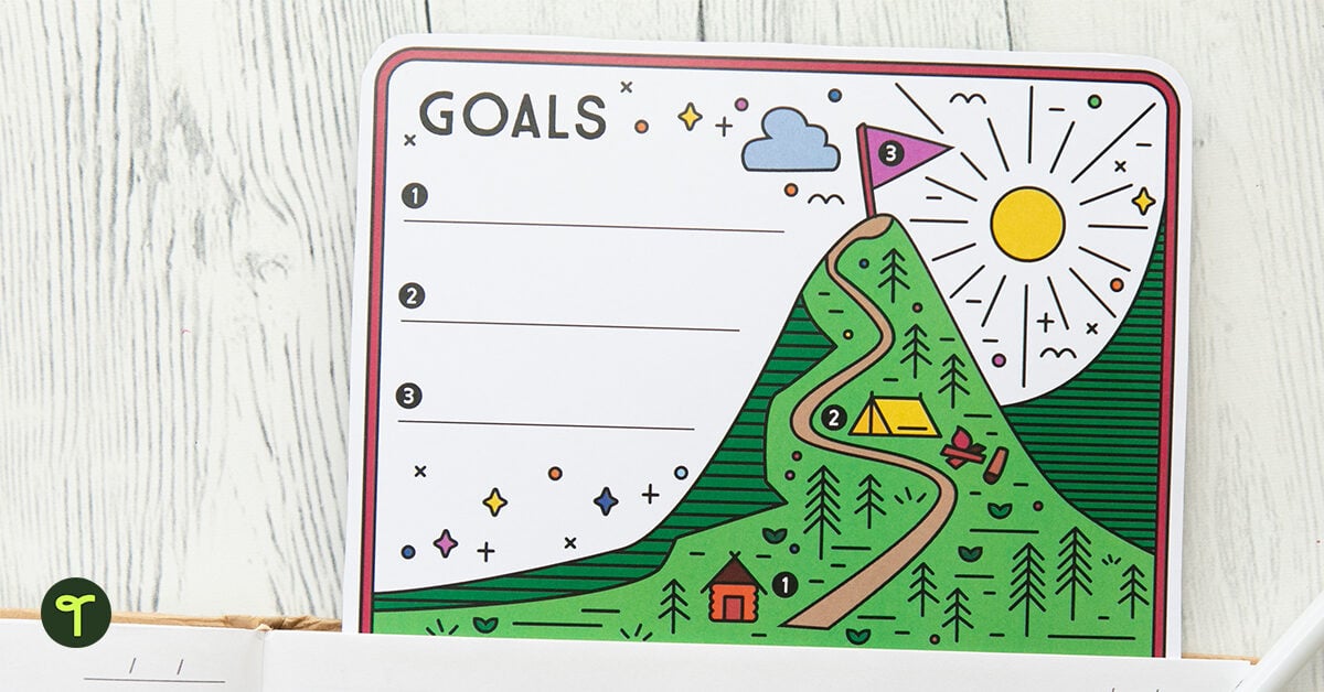 a learning goals template peeks out of a student's notebook