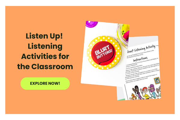 The words Listen Up! Listening Activities for the Classroom appear beside photos of listening activities. There is a green explore now button