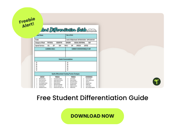The words Free Student Differentiation Guide appear beneath an image of the guide on a beige background. Below is a green bubble with the words download now. 