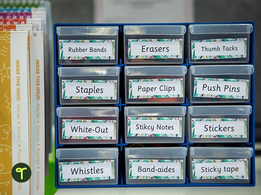 classroom storage drawers with labels