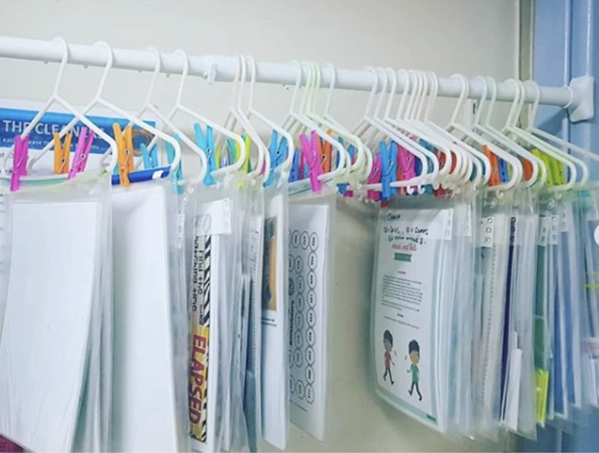 teaching resources stored on clothes hangers