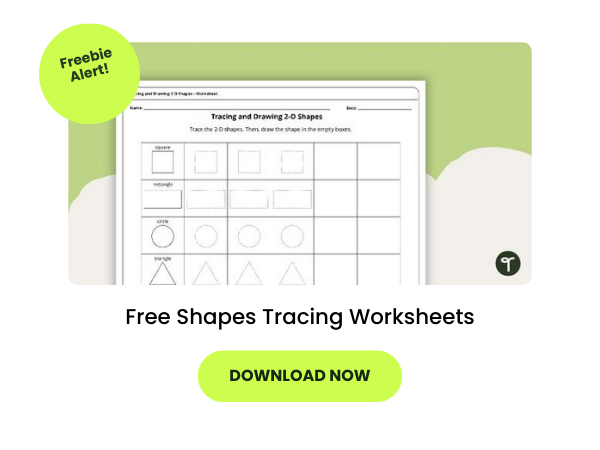 The words Free Shapes Tracing Worksheets are seen with an image of the worksheet above the text and a green button below that reads download now