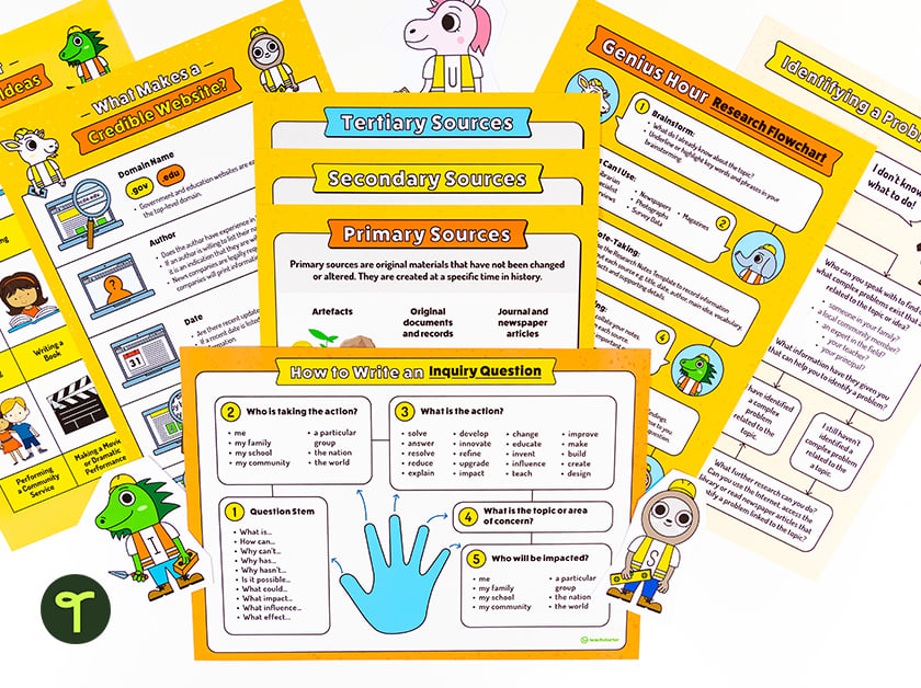 project-based learning worksheets are piled up on a white surface, at the center is a worksheet that challenges students with how to write an inquiry question