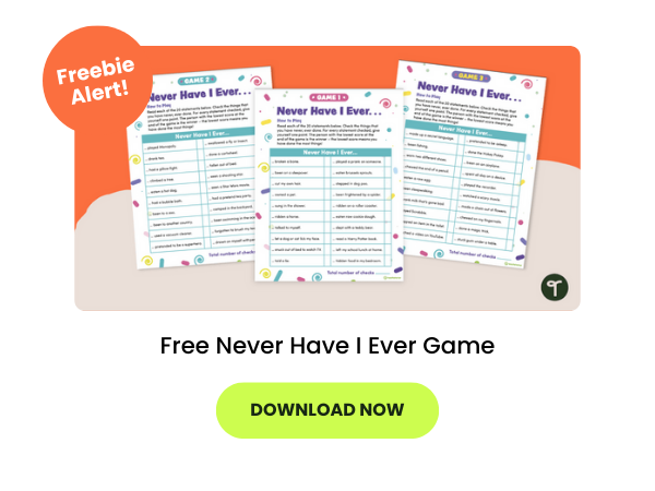 The words Free Never Have I Ever Game appear beneath game sheets. There is a lime green button with the words download now