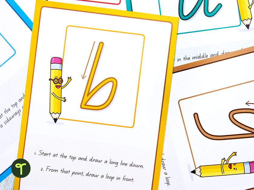 a pile of classroom posters scattered on a table with a poster showing how to write the letter b at the top