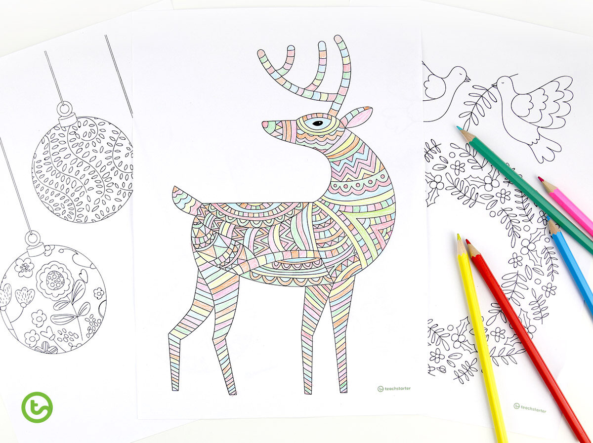 mindful coloring sheets with reindeer