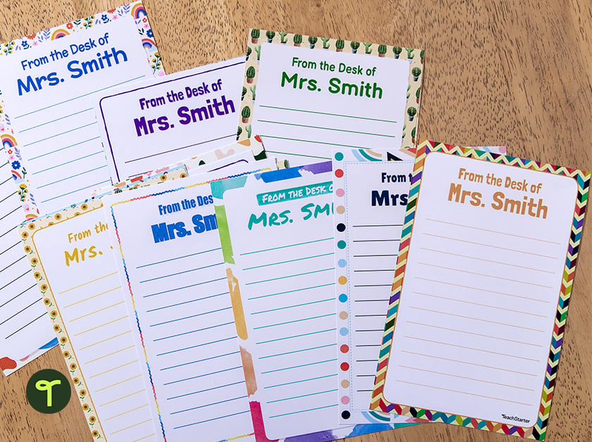 personalised note pages for teachers