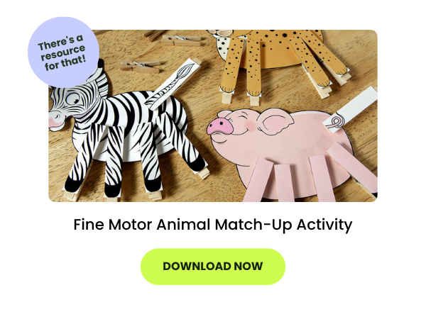 Fine Motor Animal Match-Up Activity with wooden pegs, beside it are 2 text bubbles reading 