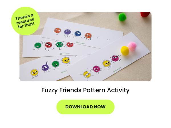 Fuzzy Friends Pattern Activity with pom poms around it and two green bubbles